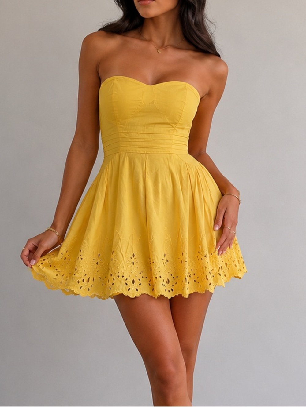 Yellow Strapless Eyelet Hem Sundress